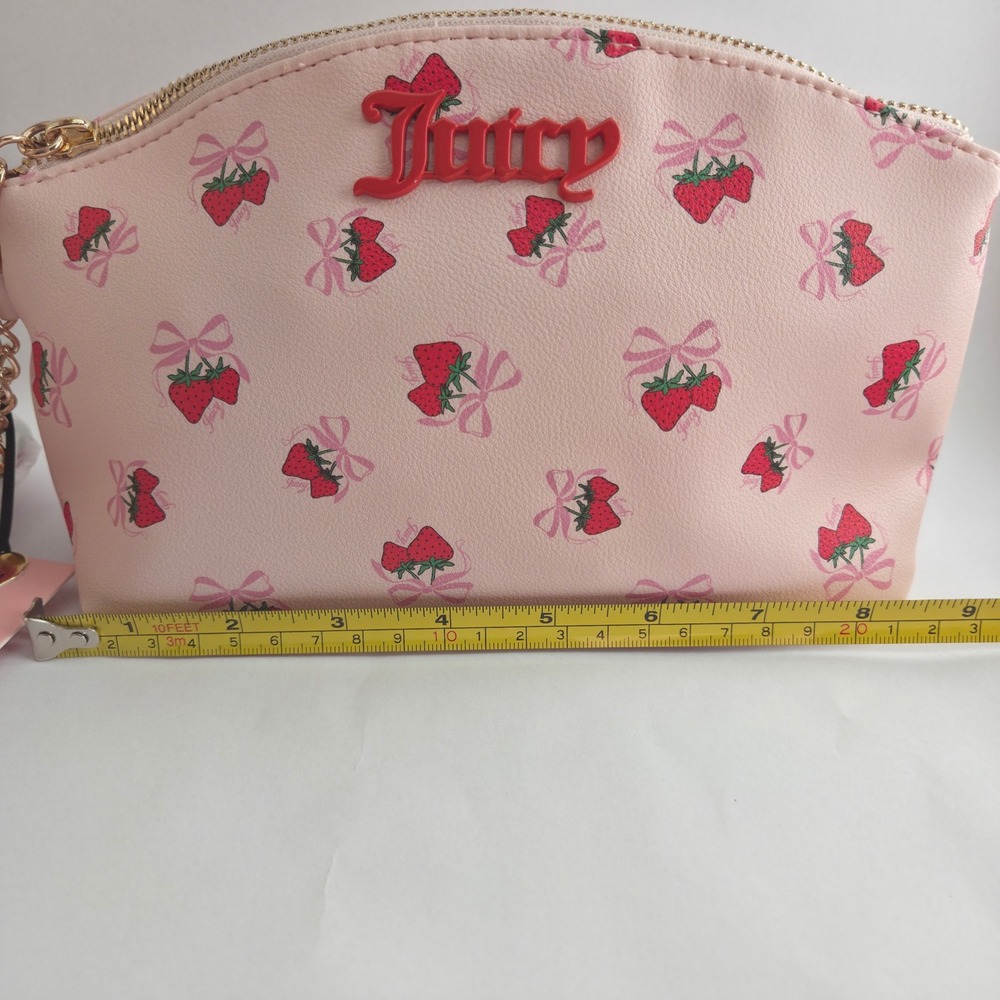 Juicy Couture Wristlet Pouch Womens OS Pink NWT Strawberry Bow Print Makeup Bag - Picture 4 of 16